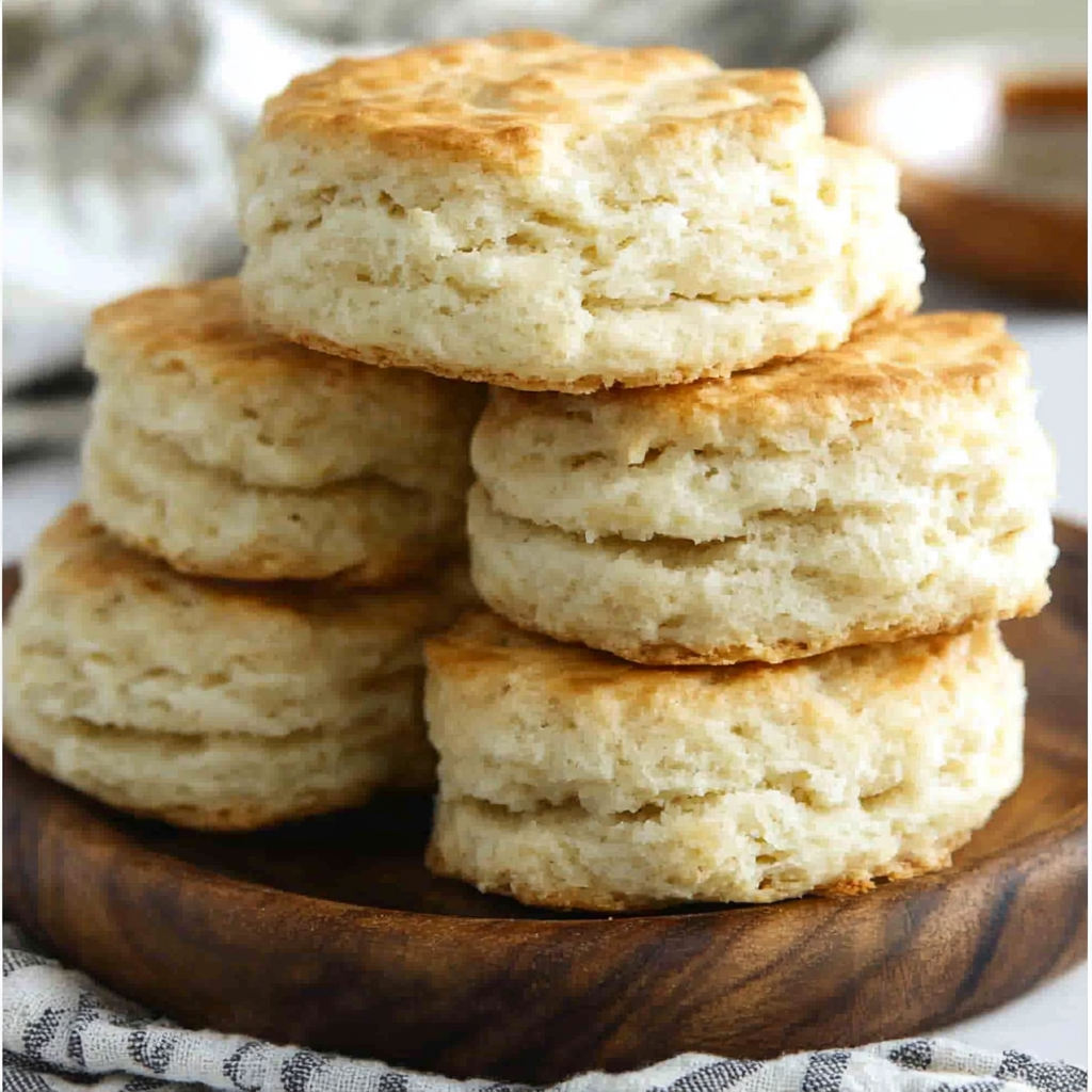 Easy 3-Ingredient Biscuit Recipe – Fluffy & Ready in Minutes! 1 Freshly baked 3-ingredient biscuits stacked on a wooden board, showing their golden brown, flaky texture.