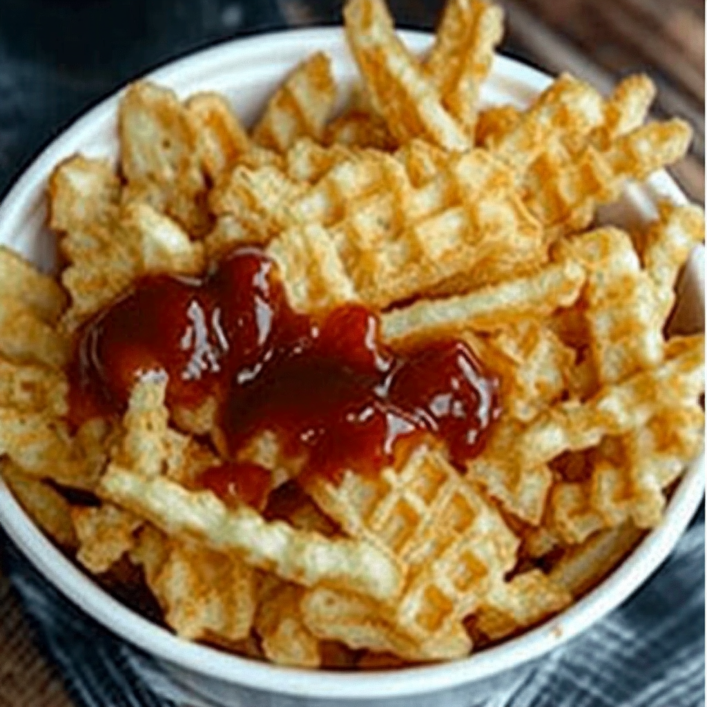 Crispy homemade Chick-fil-A waffle fries served on a plate with dipping sauce
