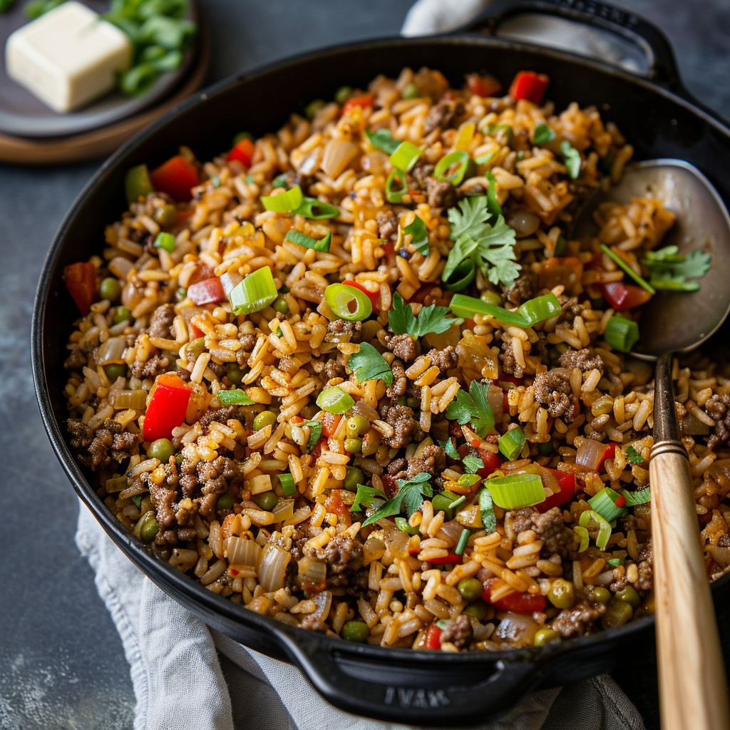Dirty Rice with Ground Beef – Easy Cajun One-Pot Recipe 5 A skillet filled with Dirty Rice with Ground Beef, featuring seasoned rice, bell peppers, onions, and garnished with fresh green onions and cilantro.