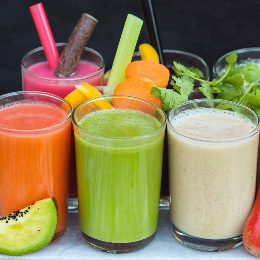 Homemade beetroot and carrot juice in a jar with fresh ingredients on a kitchen counter.