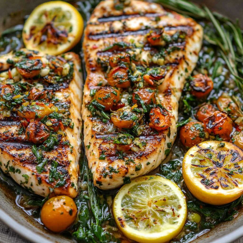 Mediterranean baked swordfish with olives and cherry tomatoes