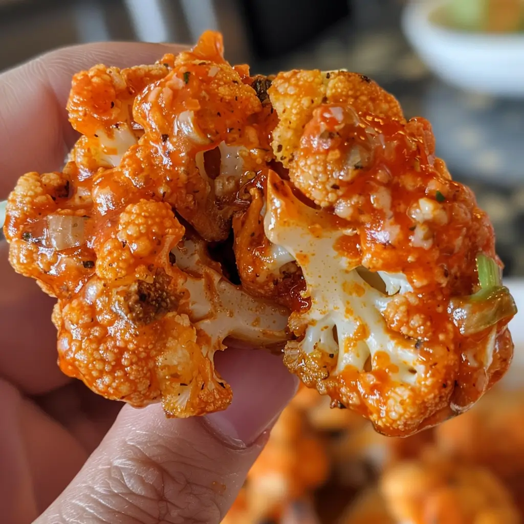 Air Fryer Buffalo Cauliflower Bites: 7 Steps to Crispy Perfection 6 Close-up of a crispy Air Fryer Buffalo Cauliflower Bite coated in spicy buffalo sauce, held between fingers