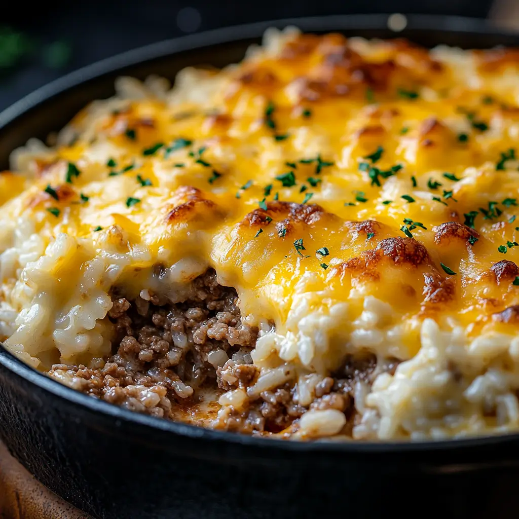 Close-up of cheesy ground beef rice casserole in a black skillet, topped with melted cheddar cheese and garnished with fresh parsley.