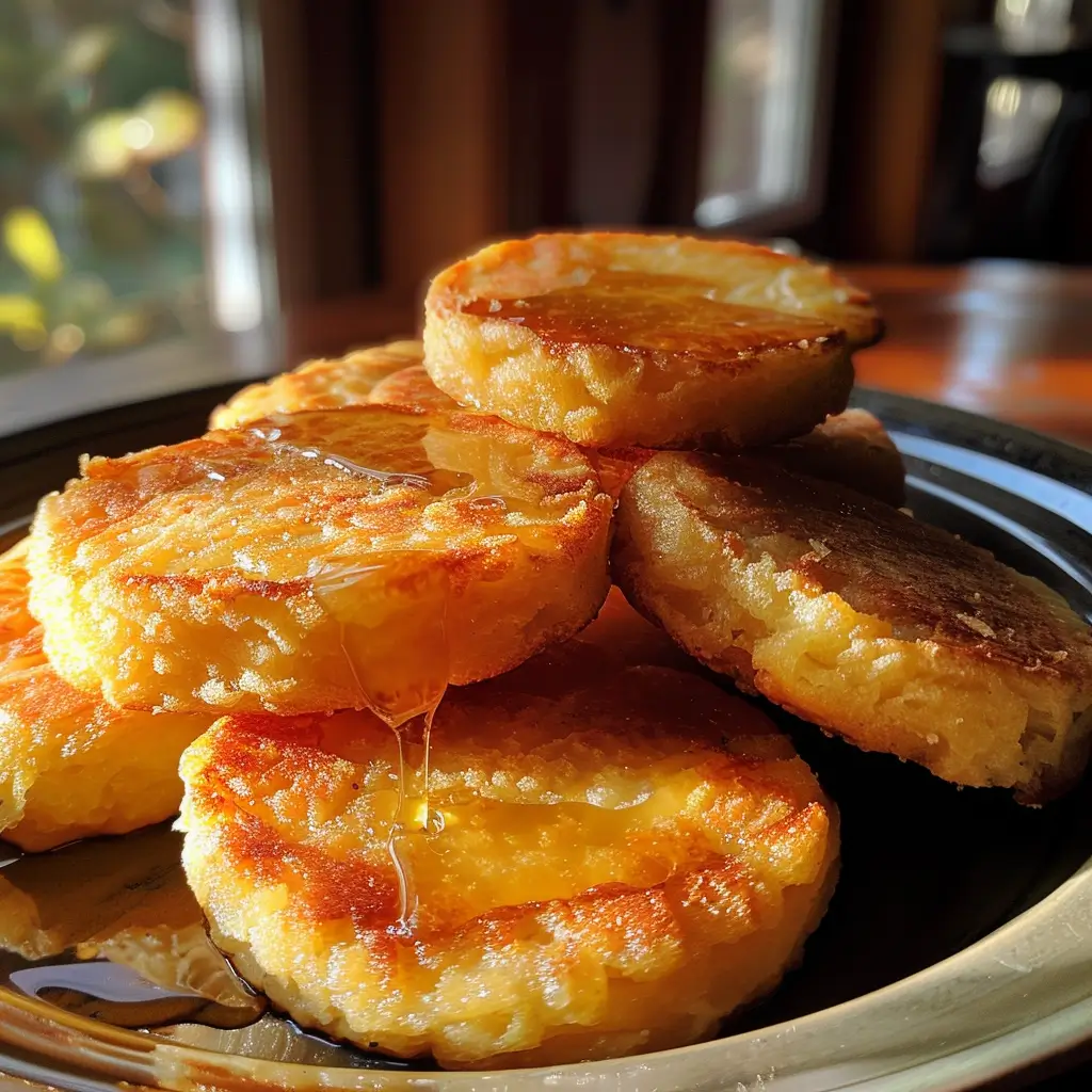 Stack of crispy Southern Fried Cornbread (Hoe Cakes) drizzled with syrup on a black plate in natural sunlight