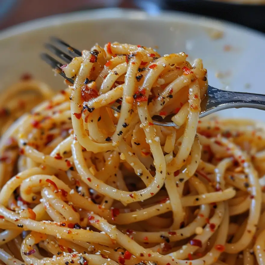 Close-up of Spicy Garlic Butter Noodles twirled on a fork, coated in red pepper flakes, garlic, and butter.