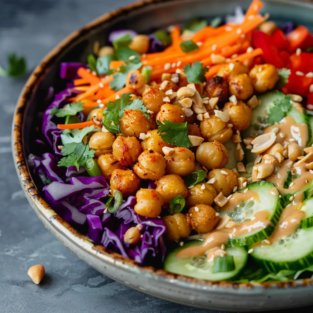 Crunchy Thai Chickpea Salad – 7 Reasons This Healthy Bowl Wins Big 1 Crunchy Thai Chickpea Salad with roasted chickpeas, red cabbage, carrots, cucumber, and creamy peanut dressing in a ceramic bowl