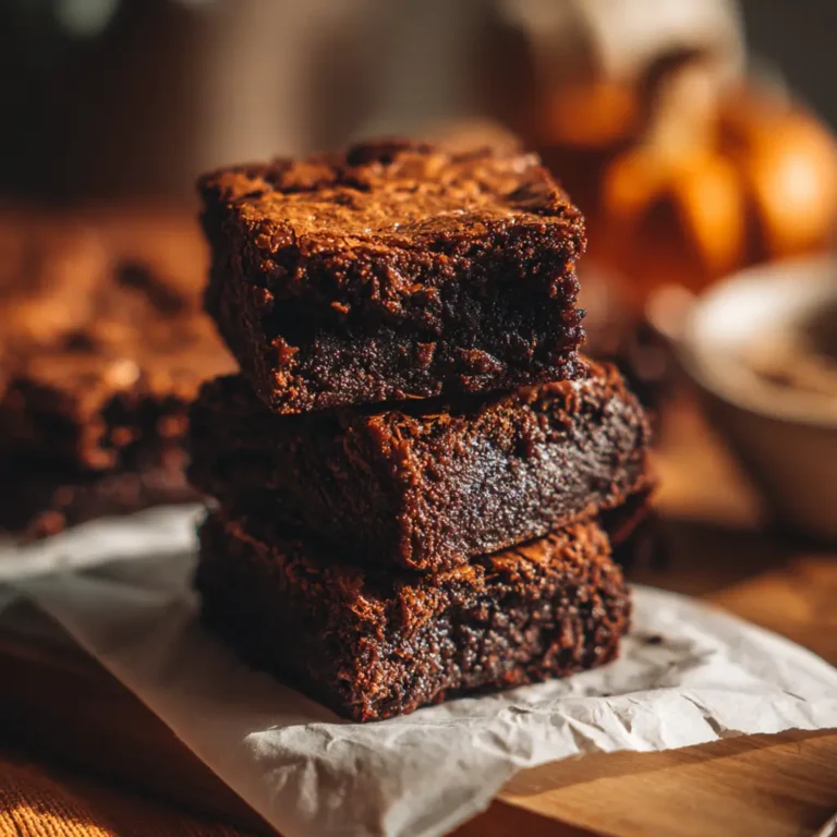 Stack of fudgy 2-ingredient pumpkin brownies with rich texture and cracked tops