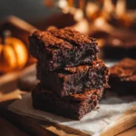 Close-up of stacked 2-ingredient pumpkin brownies with moist, fudgy texture