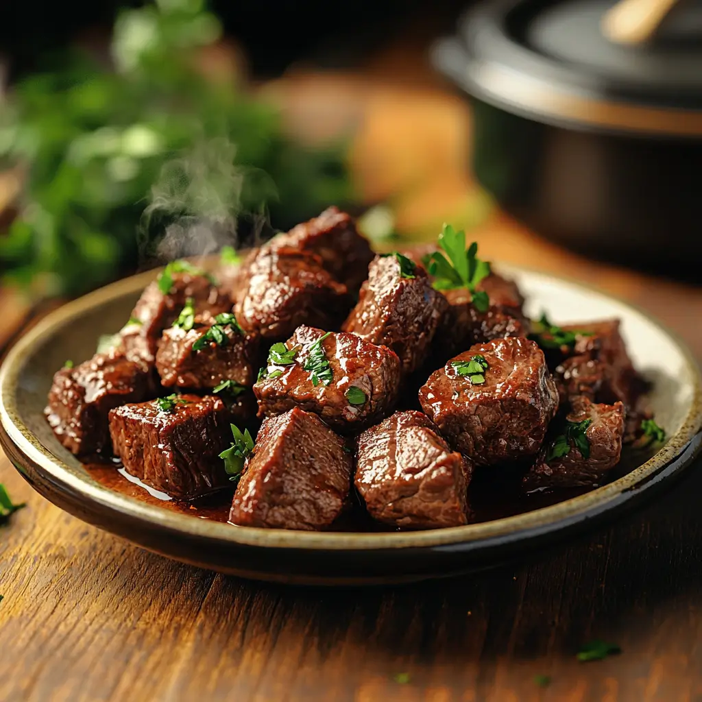 5-Ingredient Crockpot Steak Bites – Amazing Flavor in 5 Steps 7 5-Ingredient Crockpot Steak Bites served warm with garnish