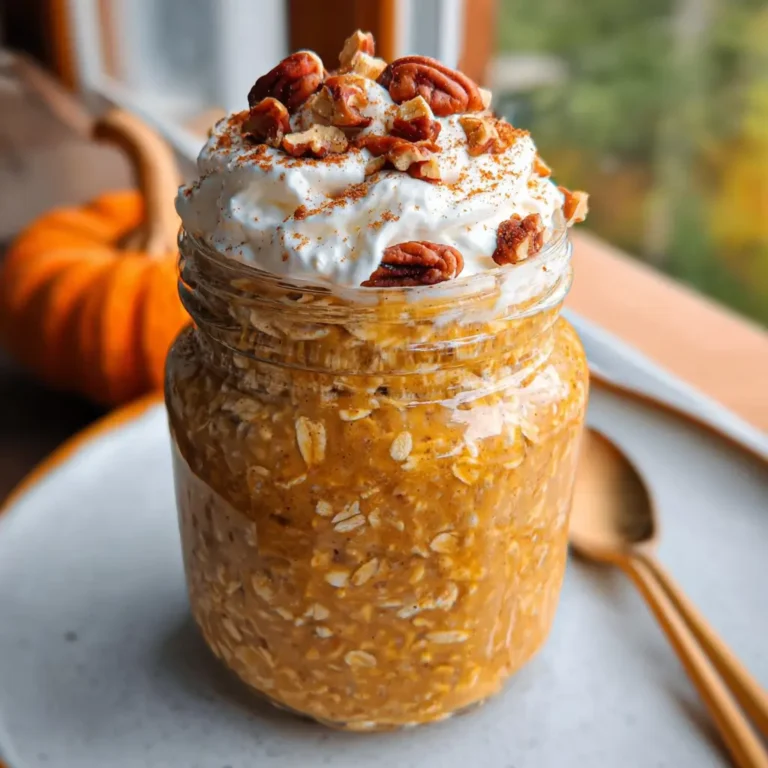 Pumpkin overnight oats in a glass jar topped with whipped cream and pecans, served with a spoon