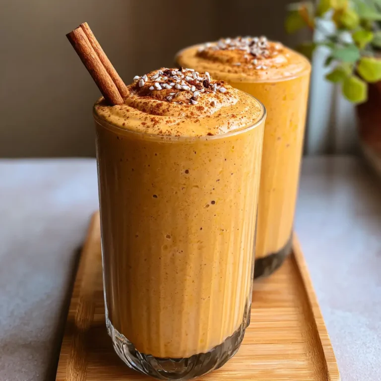 Pumpkin smoothie in glass topped with cinnamon and spice on a wooden tray