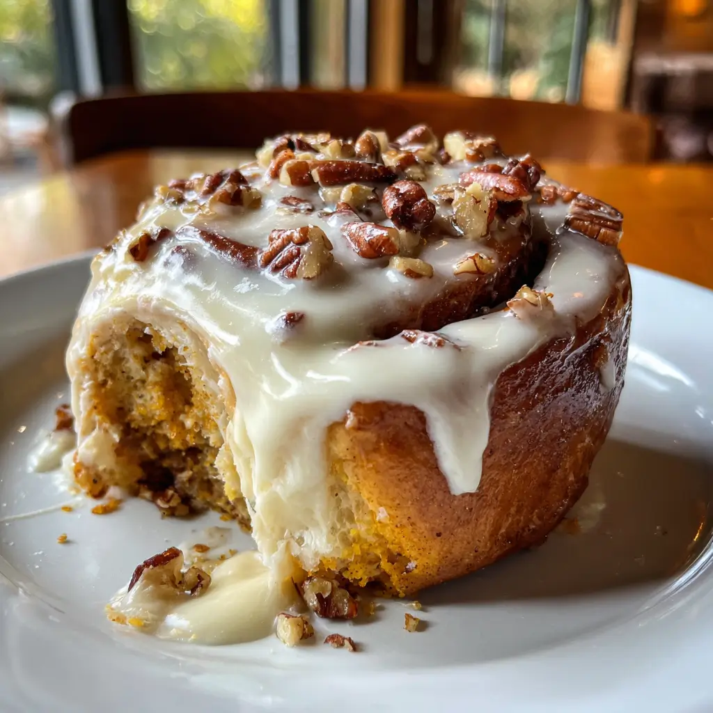 Pumpkin Spice Cinnamon Rolls: 7 Sweet Secrets for Fall 5 Pumpkin spice cinnamon roll with cream cheese frosting and pecans