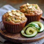 Air Fryer Protein Zucchini Muffins – Easy 4-Step Recipe Moist & Delicious 6 Air fryer protein zucchini muffin with peanuts and fresh zucchini ribbons on a wooden plate