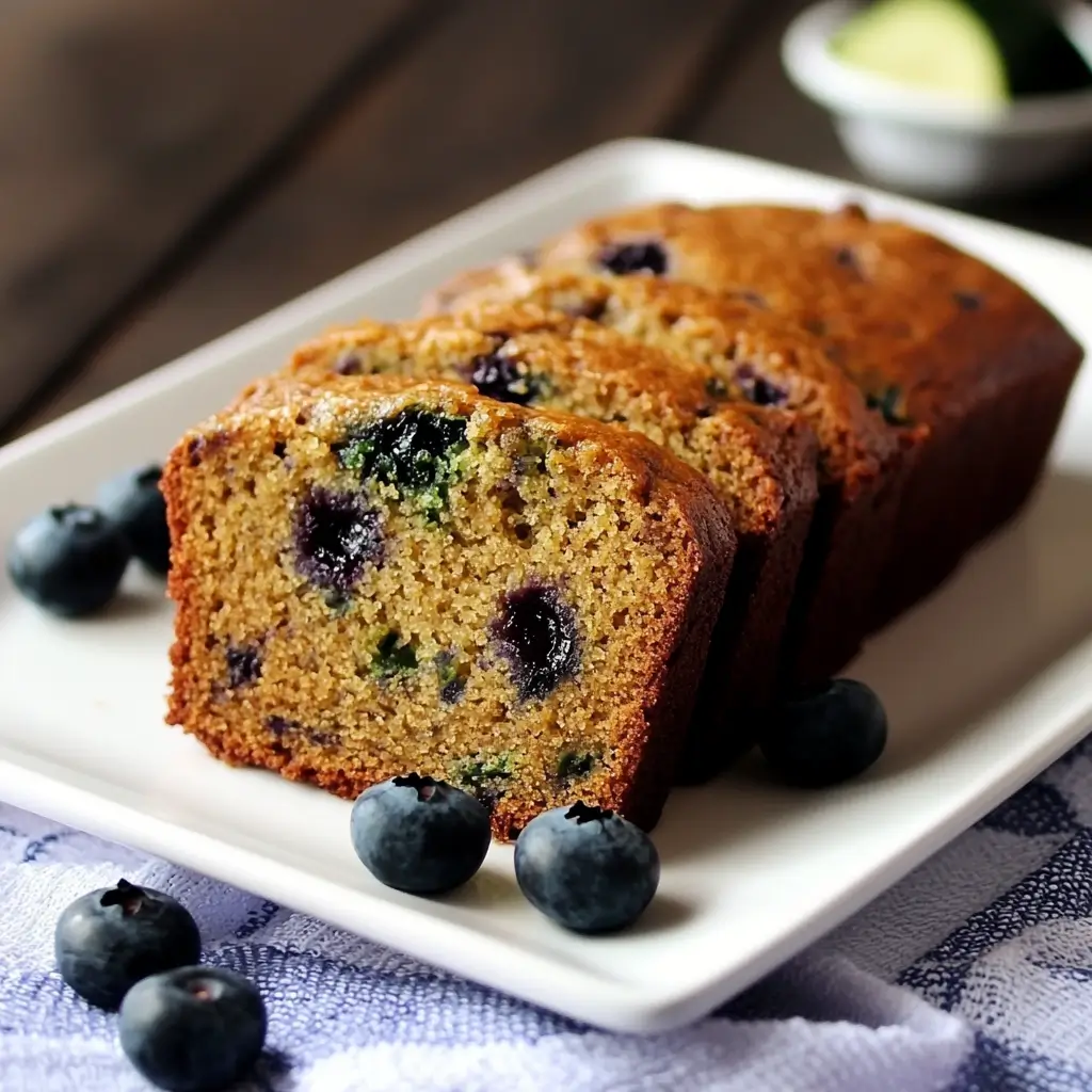Blueberry Zucchini Bread Recipe – Moist & Irresistible 5 Sliced blueberry zucchini bread with visible blueberries and zucchini flecks on a white plate