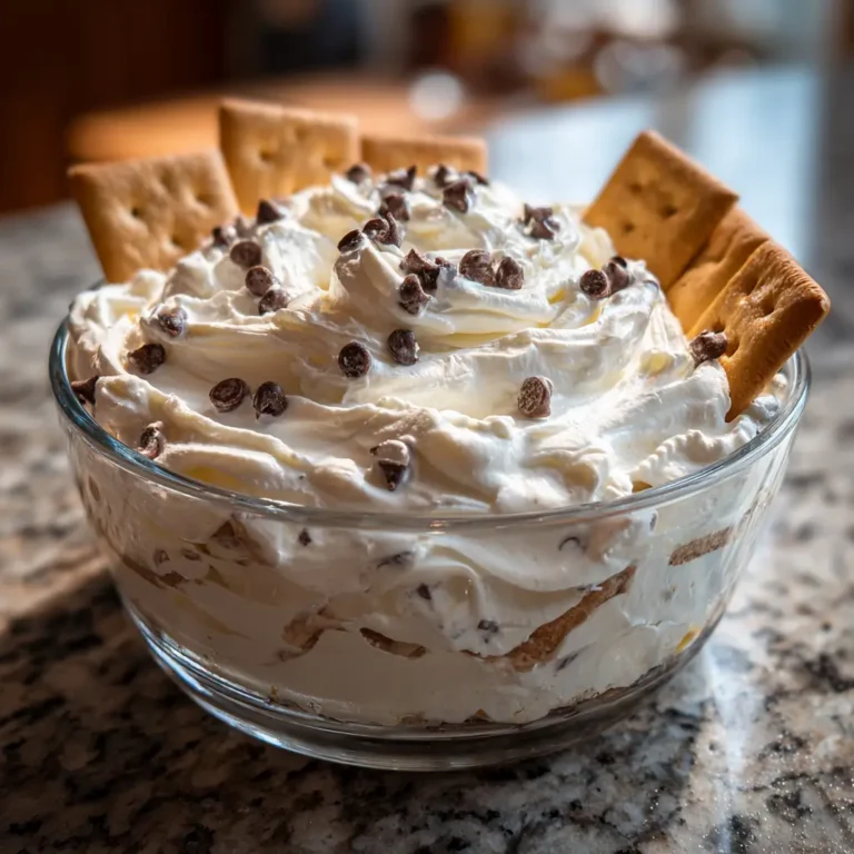 Creamy dessert dip with mini chocolate chips and marshmallow fluff served in a glass bowl with animal crackers