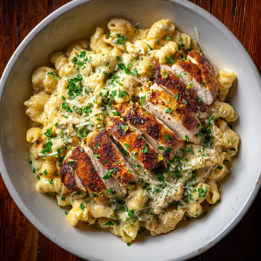 Creamy Chicken Garlic Parmesan Pasta That Melts in Your Mouth 6 Creamy Chicken Garlic Parmesan Pasta topped with sliced seared chicken breast and fresh parsley