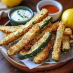Crispy zucchini fries with dipping sauces on parchment-lined plate