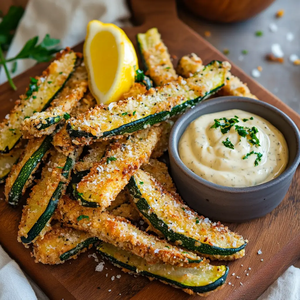 Crispy zucchini fries served with creamy garlic dipping sauce