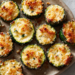 Garlic Parmesan Zucchini – Amazing Crispy Side in 8 Minutes 6 Crispy garlic parmesan zucchini rounds covered in golden, bubbling cheese, roasted on a sheet pan.