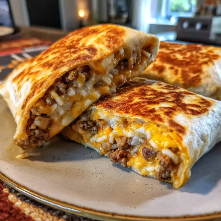 Grilled Cheese Burrito Taco Bell Copycat with crispy cheese crust, beef, rice, and nacho cheese filling