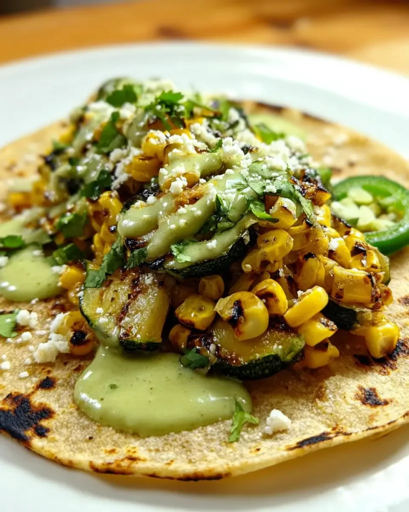 Grilled zucchini and corn tacos with avocado dressing and charred texture