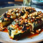 Mediterranean stuffed zucchini boats with creamy spinach filling, baked in tomato sauce, and topped with pine nuts and olives
