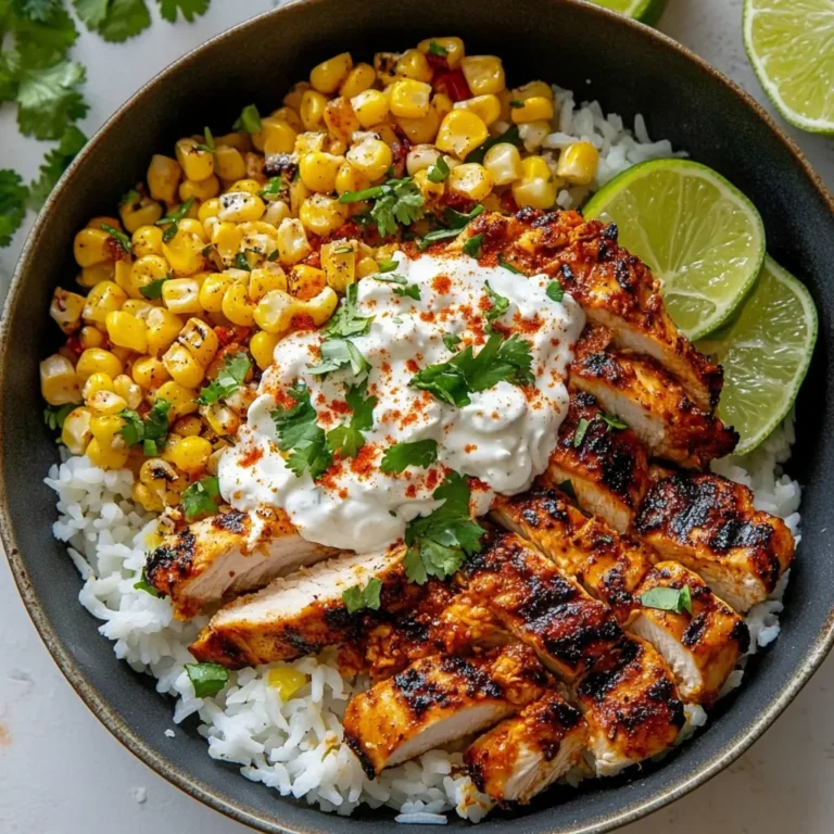 Mexican Street Corn Chicken Bowls with grilled corn and creamy sauce