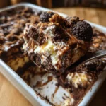 Warm Oreo Dump Cake with layers of melted chocolate, baked Oreo cookies, and a golden buttery crust in a baking dish