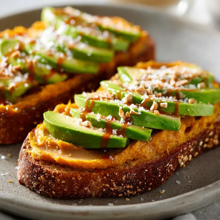 Pumpkin avocado toast with maple drizzle, chopped nuts, and sea salt on multigrain bread