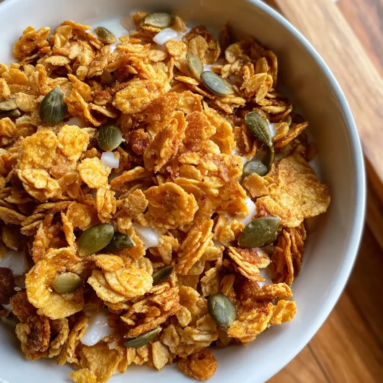 Close-up of crunchy pumpkin cereal with seeds in a white bowl