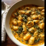 Creamy Pumpkin Gnocchi in coconut sauce with kale and herbs