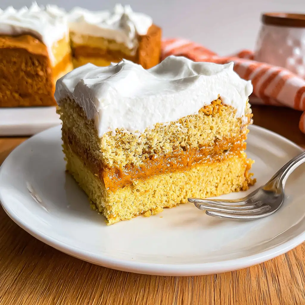 Pumpkin Magic Cake – 3-Layer Surprise That’s Remarkably Simple 5 Pumpkin Magic Cake slice with visible layers of yellow cake, pumpkin custard, and whipped topping on white plate