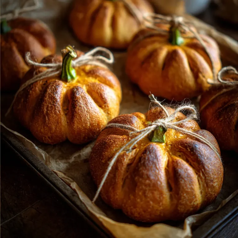 Pumpkin-shaped bagels tied with twine and baked to golden perfection on a rustic tray