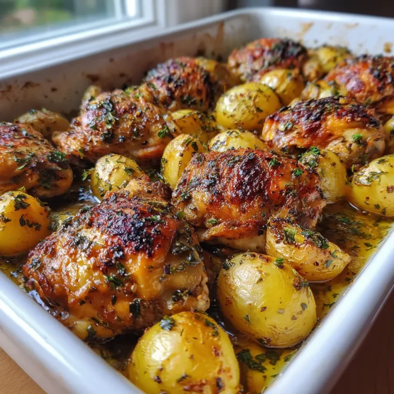 Roasted Mediterranean Chicken Thighs and Baby Potatoes in a ceramic baking dish, showing golden crispy chicken skin and perfectly roasted baby potatoes.