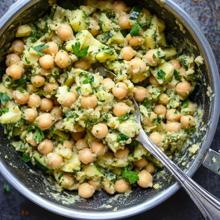 Smashed zucchini chickpea salad with coriander in mixing bowl