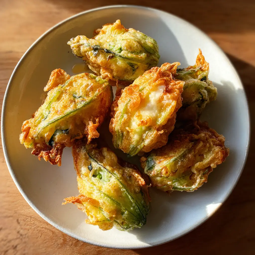 Stuffed Zucchini Blossoms – 5-Step Crispy Summer Delight 4 Stuffed zucchini blossoms fried to golden crisp with melted cheese filling and fresh herbs