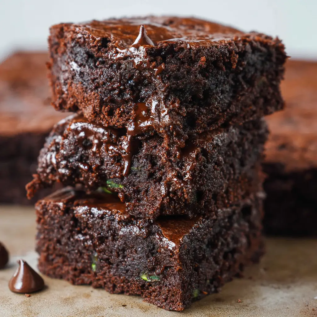 Zucchini Brownies Recipe – 1 Irresistible, Moist, Fudgy Delight 5 Fudgy zucchini brownies stacked with melted chocolate chunks