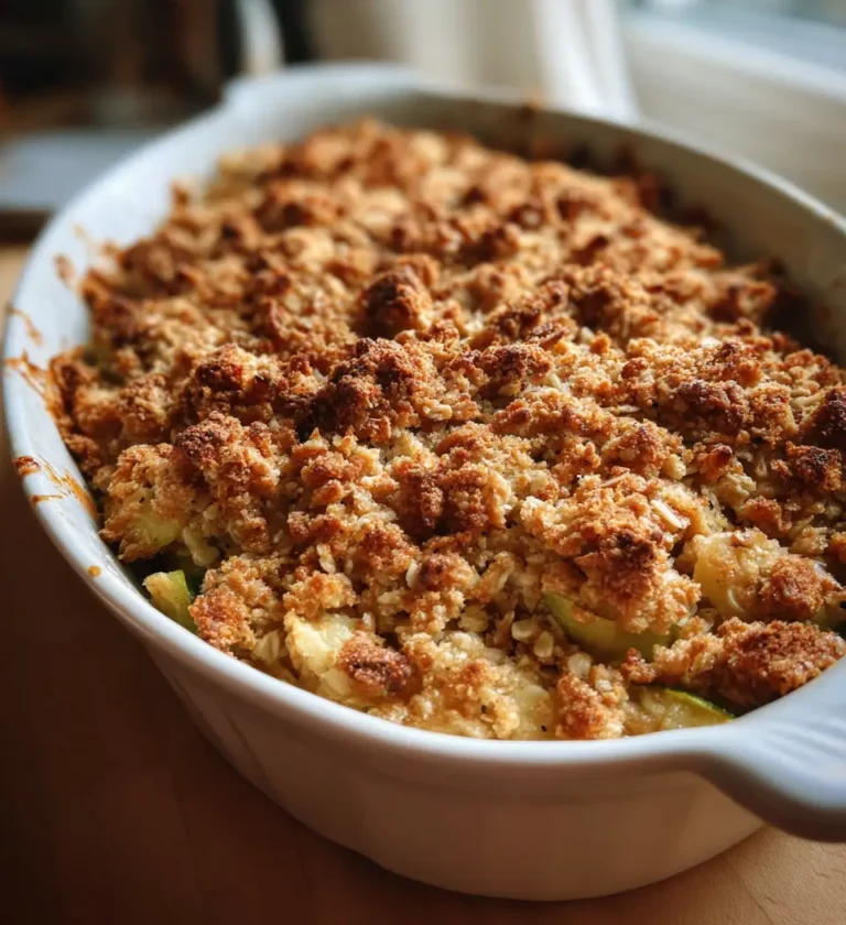 Golden zucchini crisp in baking dish with oat topping and bubbling edges