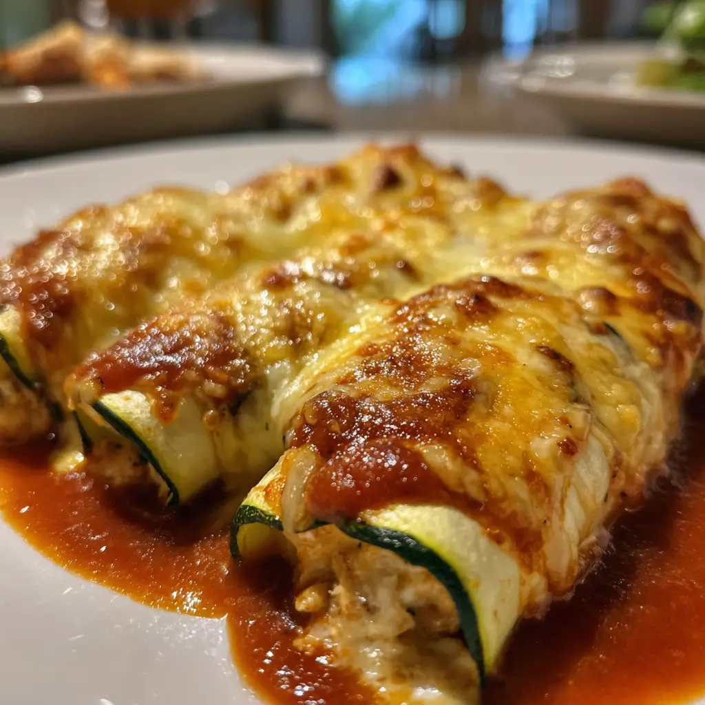 Zucchini Enchiladas – 1 Amazing Low-Carb Dinner You’ll Love 4 Zucchini enchiladas baked with chicken, enchilada sauce, and melted Mexican cheese in a white dish