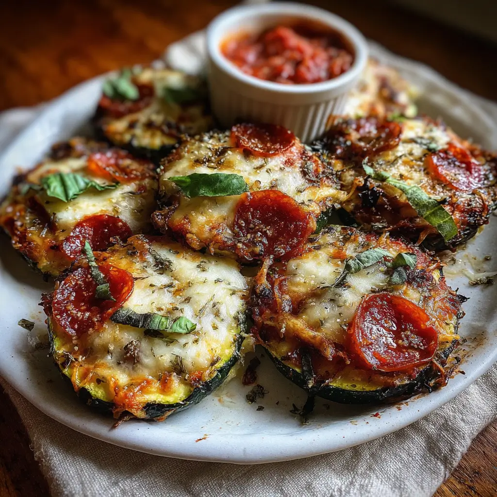Zucchini Pizza Bites – Ultimate 5-Minute Cheesy Snack Win 5 Zucchini pizza bites topped with pepperoni, basil, and melted cheese served with marinara