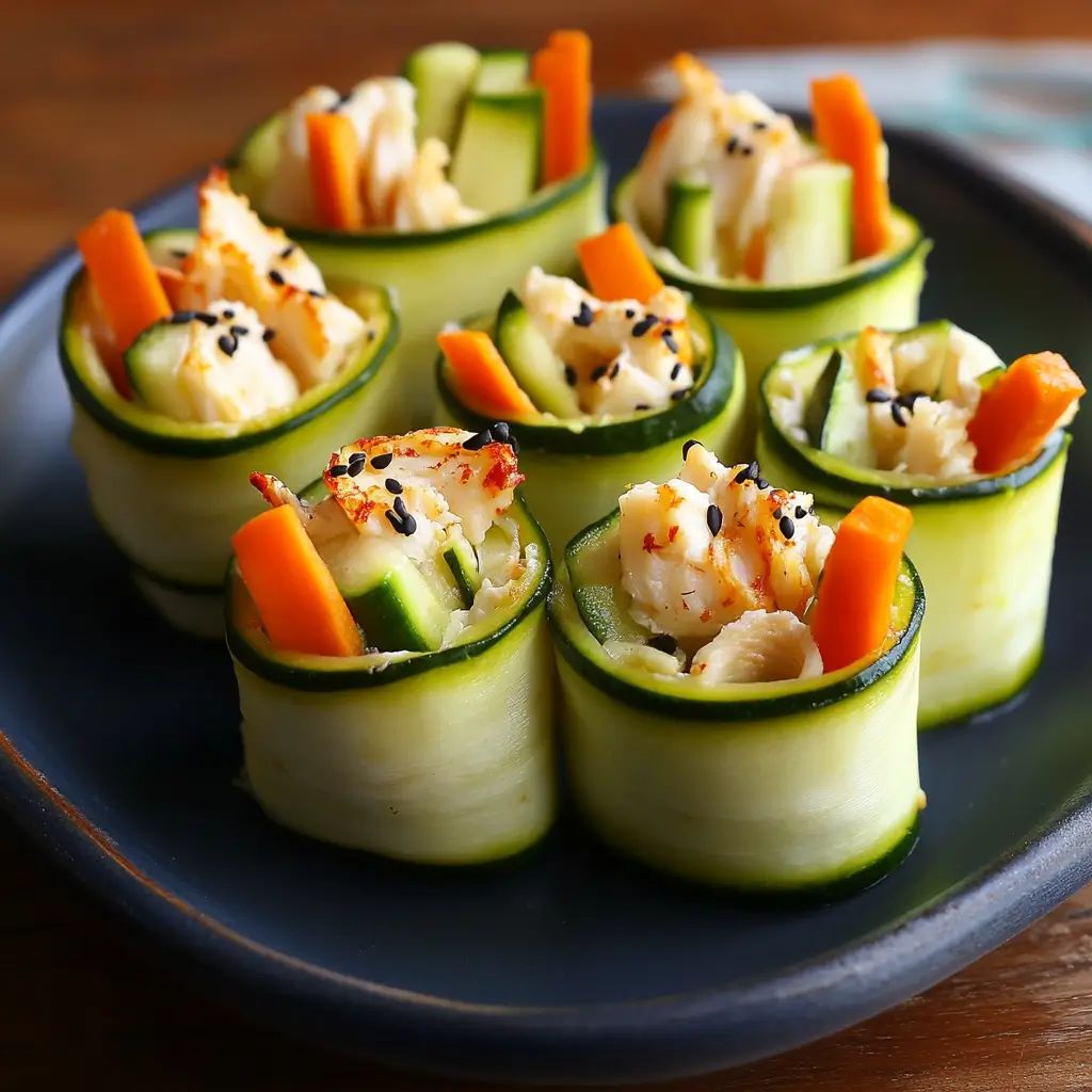 Zucchini Sushi Rolls: Irresistible No-Rice Sushi Bites You’ll Crave 4 Zucchini sushi rolls with crab, carrot, and cucumber on a plate