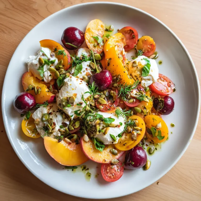 Peach and Burrata Salad with cherry tomatoes, fresh cherries, burrata cheese, and pumpkin seeds on a white plate