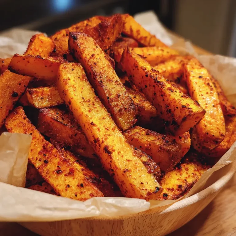 Crispy air fryer pumpkin fries seasoned with paprika and cumin in a wooden bowl