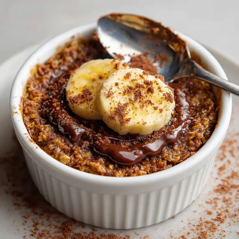 Freshly baked oats oatmeal cake in white ramekin with golden crust and soft banana texture