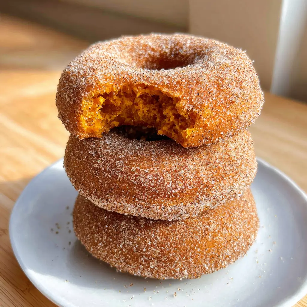 Baked Pumpkin Donuts – 5 Sweet Reasons They’re a Fall Obsession 5 Stack of three baked pumpkin donuts coated in cinnamon sugar, with the top donut bitten to reveal soft pumpkin center.