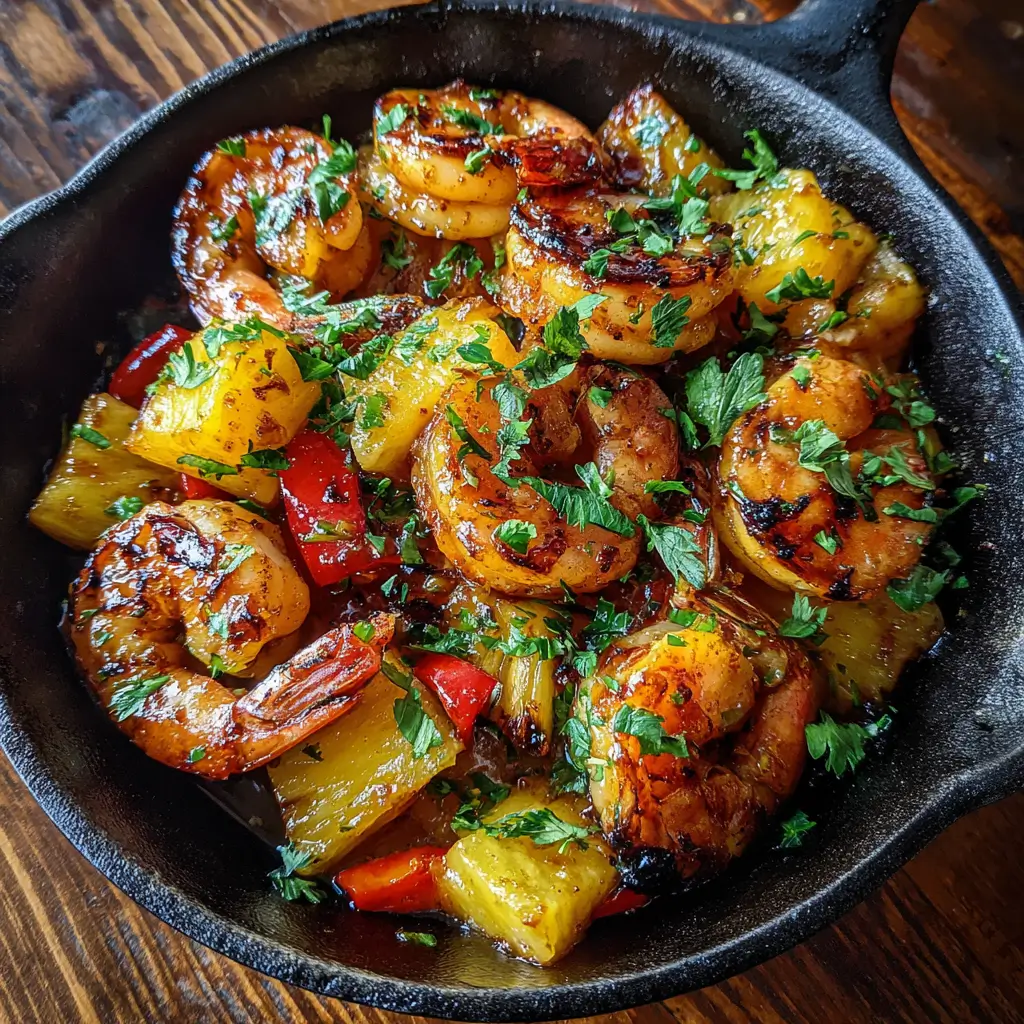 BBQ Pineapple Shrimp – Fast, Flavor-Packed Dinner You’ll Love 4 BBQ Pineapple Shrimp in cast iron skillet with caramelized pineapple and bell peppers glazed in barbecue sauce