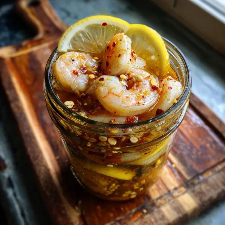 Cajun Pickled Shrimp in a mason jar with lemon slices, red pepper flakes, and marinade on a wooden board
