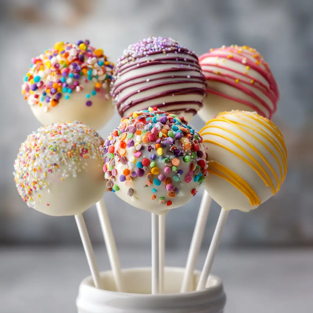 Cake Pops Recipe That Actually Works: Easy, Moist & Delicious 4 Colorful candy-coated cake pops with sprinkles on sticks, close-up view