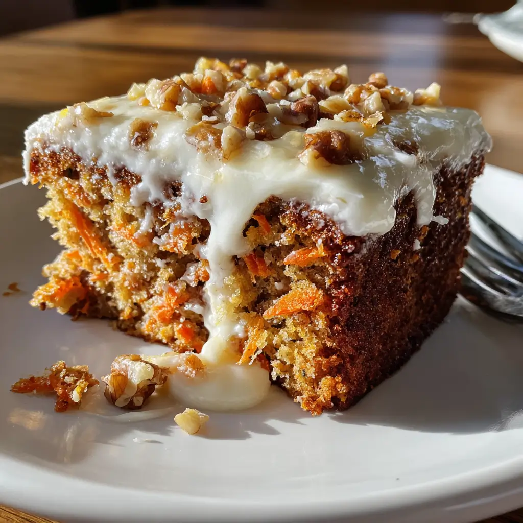 Carrot Pineapple Cake – 1 BEST Ultimate Moist Dessert 5 Moist carrot pineapple cake slice topped with cream cheese frosting and chopped walnuts on a white plate