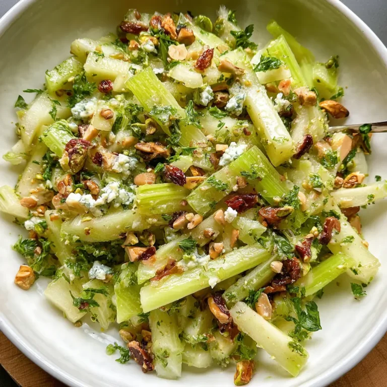 Celery apple pistachio salad with blue cheese, parsley, and toasted nuts in lemon vinaigrette